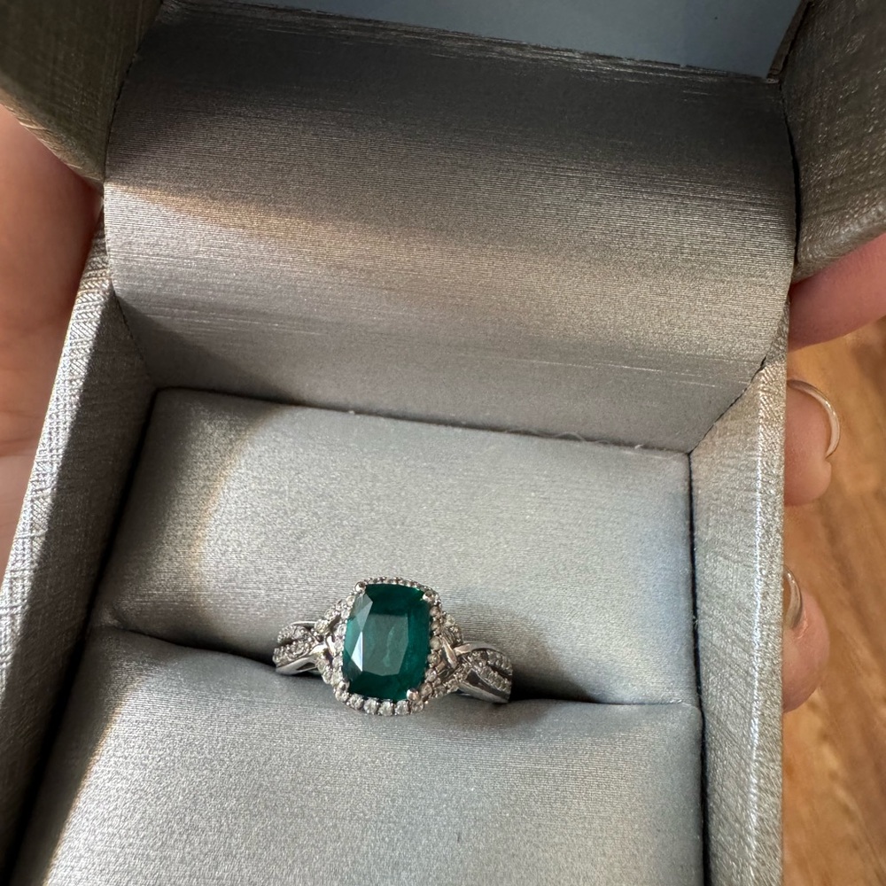 Cushion-Cut Lab-Created Emerald & White Sapphire Frame Braided Shank Ring